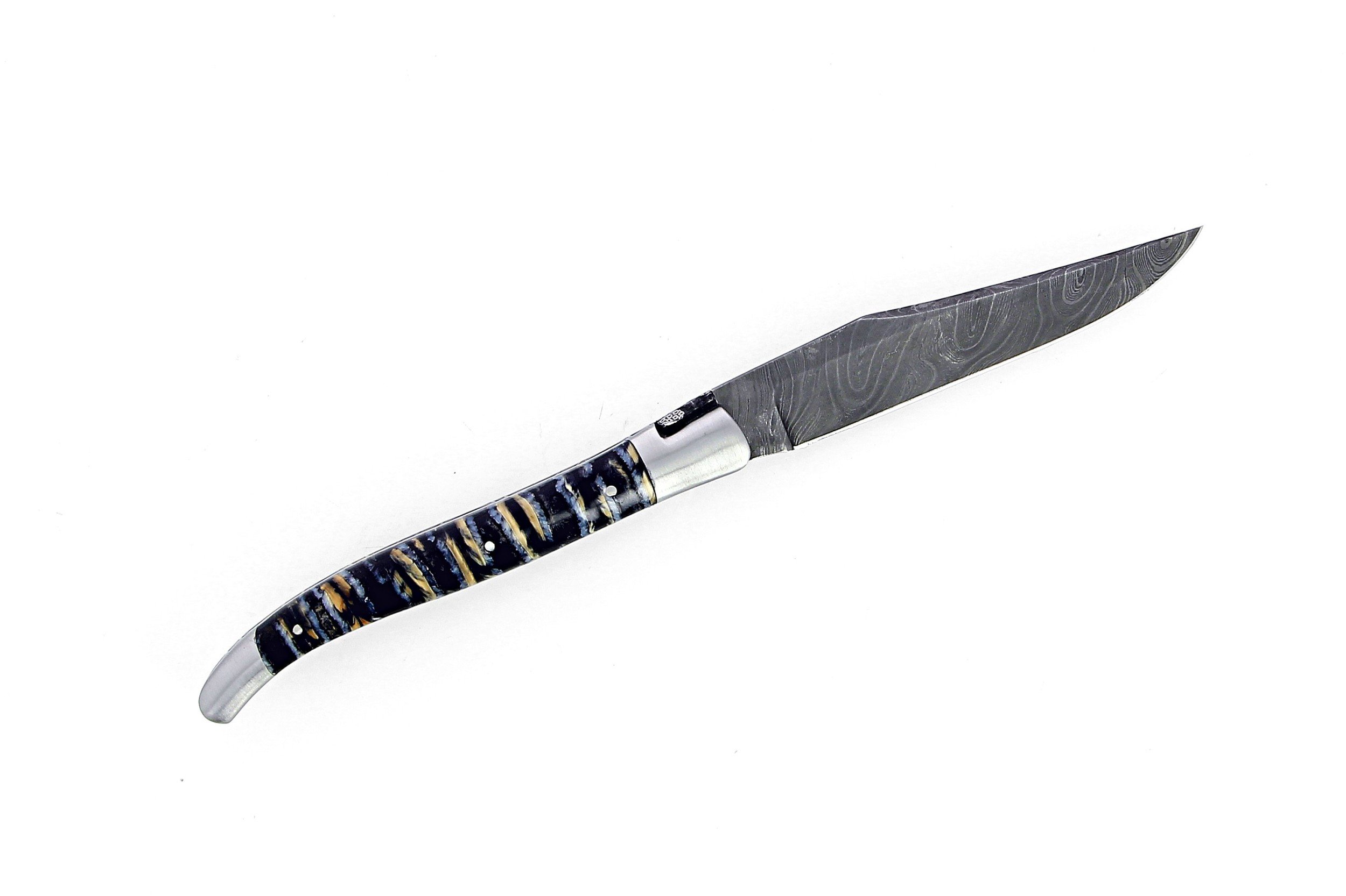 Couteau de Laguiole pliant 12 cm, manche en molaire de mammouth bleue, mitres inox brossées, lame Damas carbone torsadée