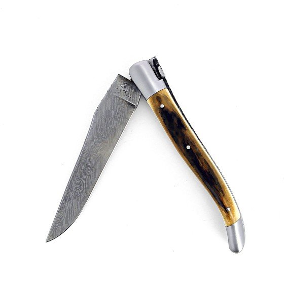 Couteau de Laguiole pliant doubles platines, 12 cm, manche en ivoire de mammouth, mitres inox brossées, lame Damas carbone explosion