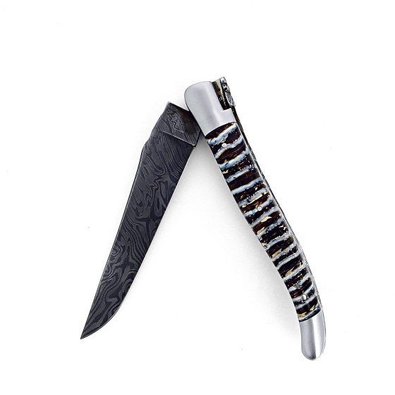 Couteau de Laguiole pliant doubles platines, 12 cm, manche en molaire de mammouth, mitres inox brossées, lame Damas carbone explosion