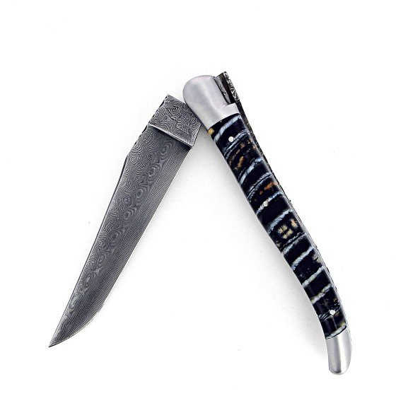 Couteau de Laguiole pliant doubles platines, 13 cm, manche en molaire de mammouth, mitres inox brossées, lame Damas inoxydable