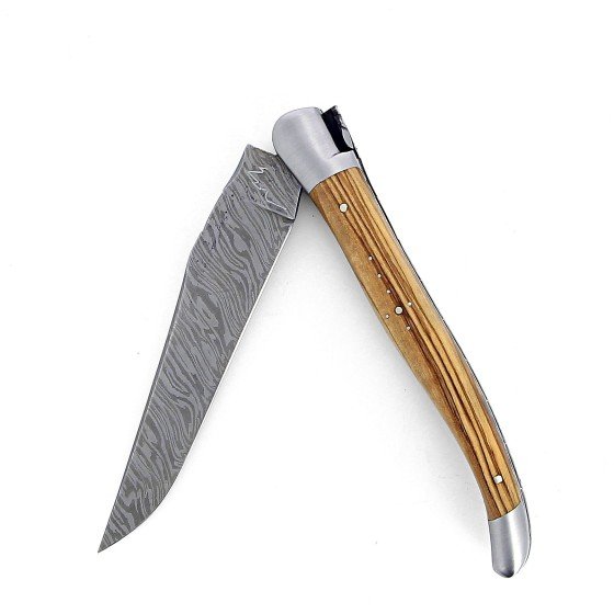 Couteau de Laguiole pliant doubles platines, 13 cm, manche en olivier, mitres inox brossées, lame Damas carbone explosion
