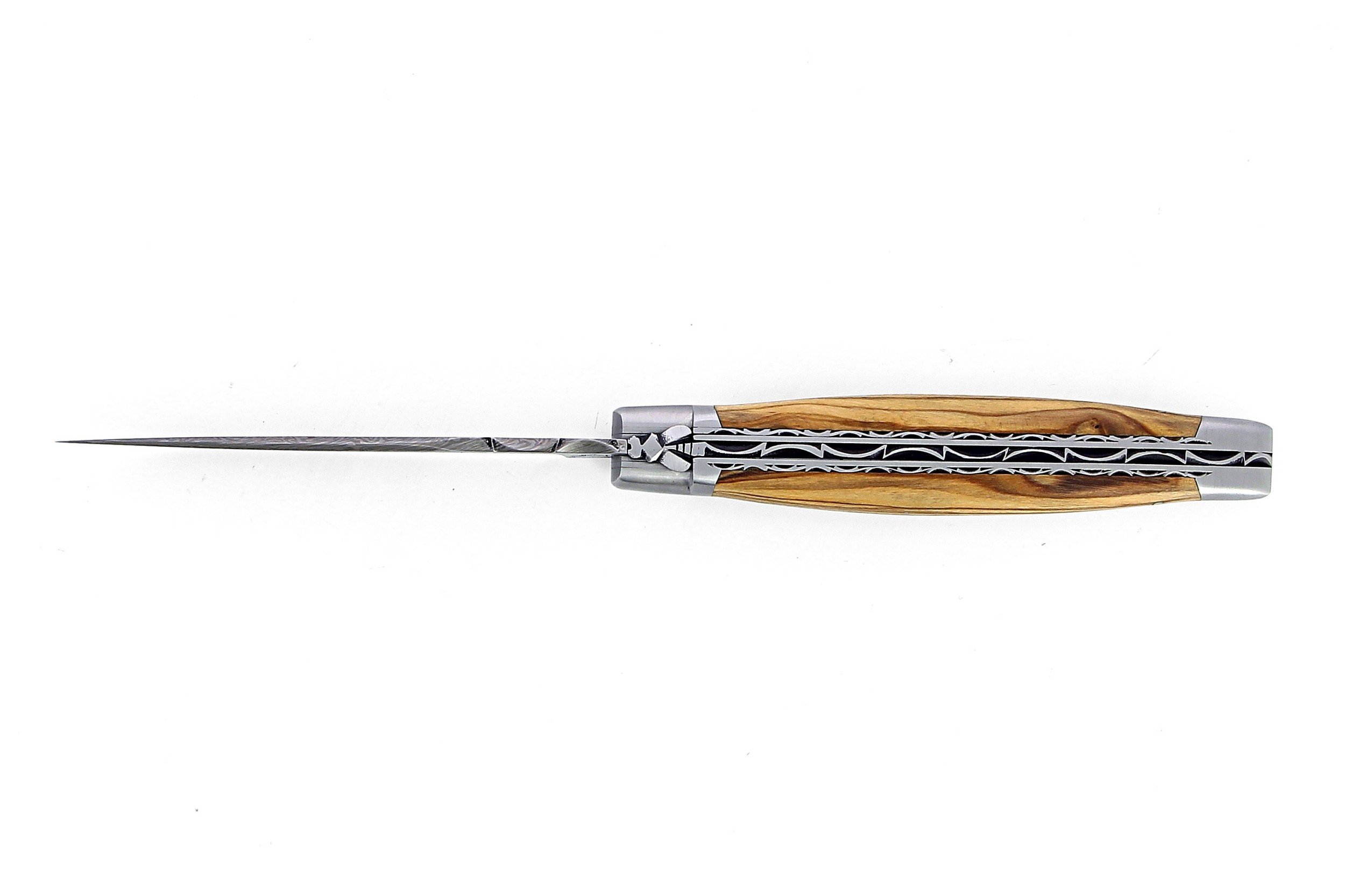 Couteau de Laguiole pliant doubles platines, 13 cm, manche en olivier, mitres inox brossées, lame Damas carbone explosion