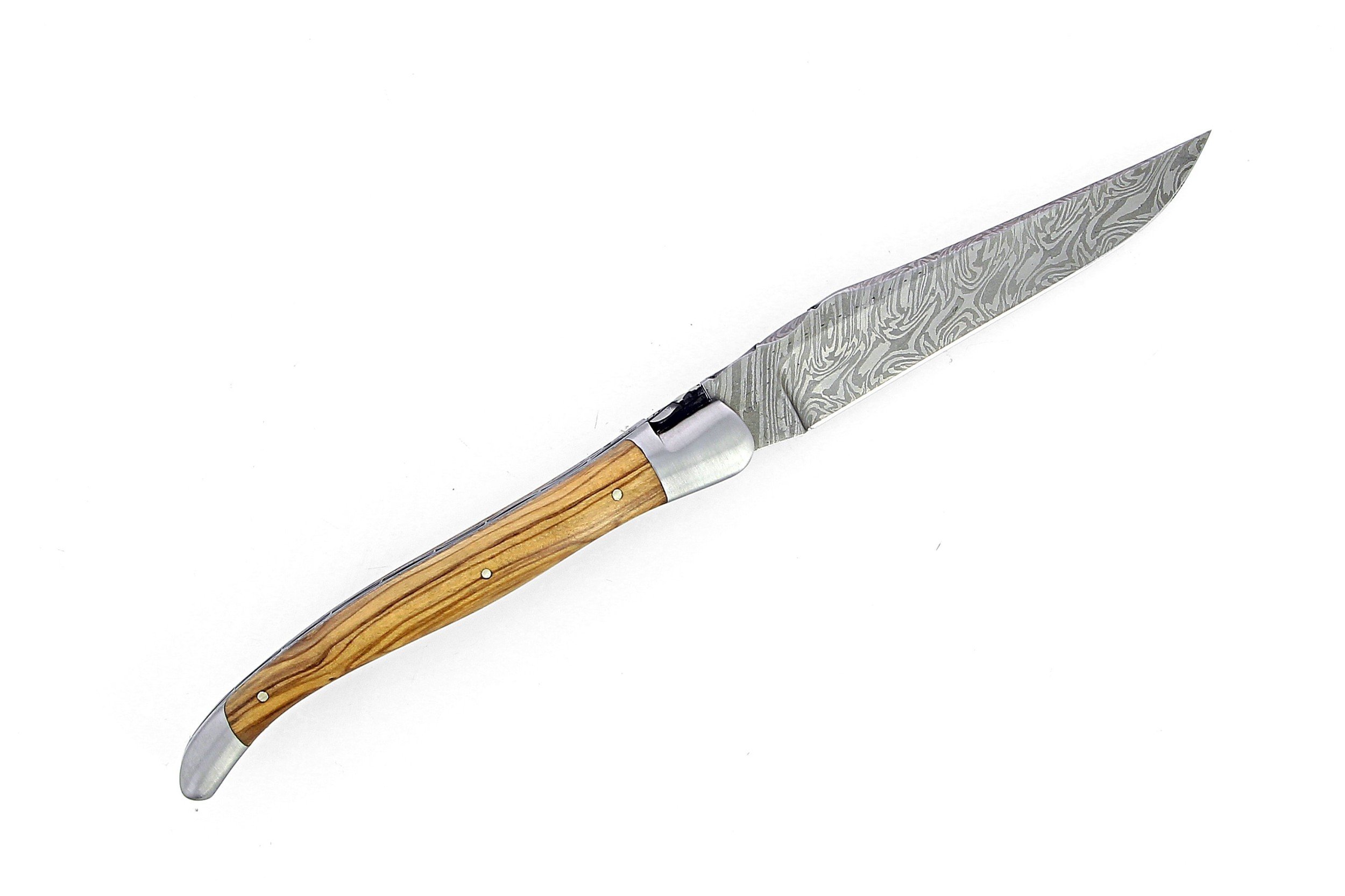 Couteau de Laguiole pliant doubles platines, 13 cm, manche en olivier, mitres inox brossées, lame Damas carbone explosion