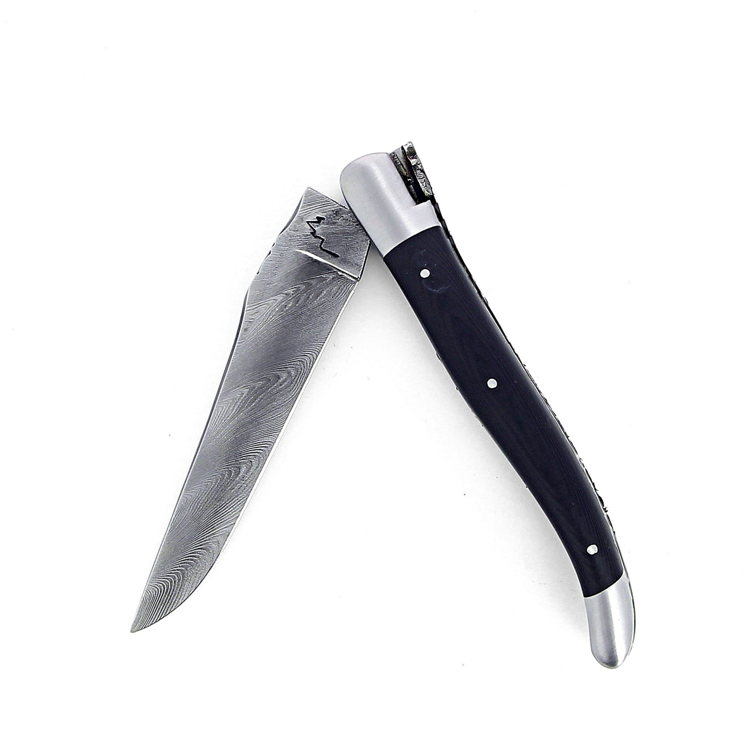 Couteau de Laguiole pliant doubles platines inox et laiton, 12 cm, manche en fibres de carbone, mitres inox brossées lame Damas inoxydable