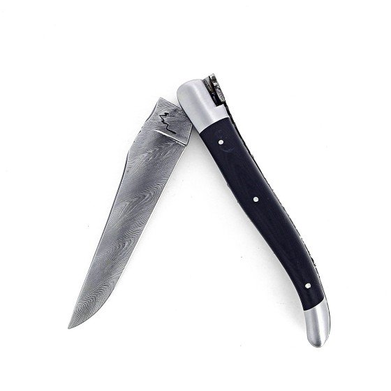 Couteau de Laguiole pliant doubles platines inox et laiton, 12 cm, manche en fibres de carbone, mitres inox brossées lame Damas inoxydable