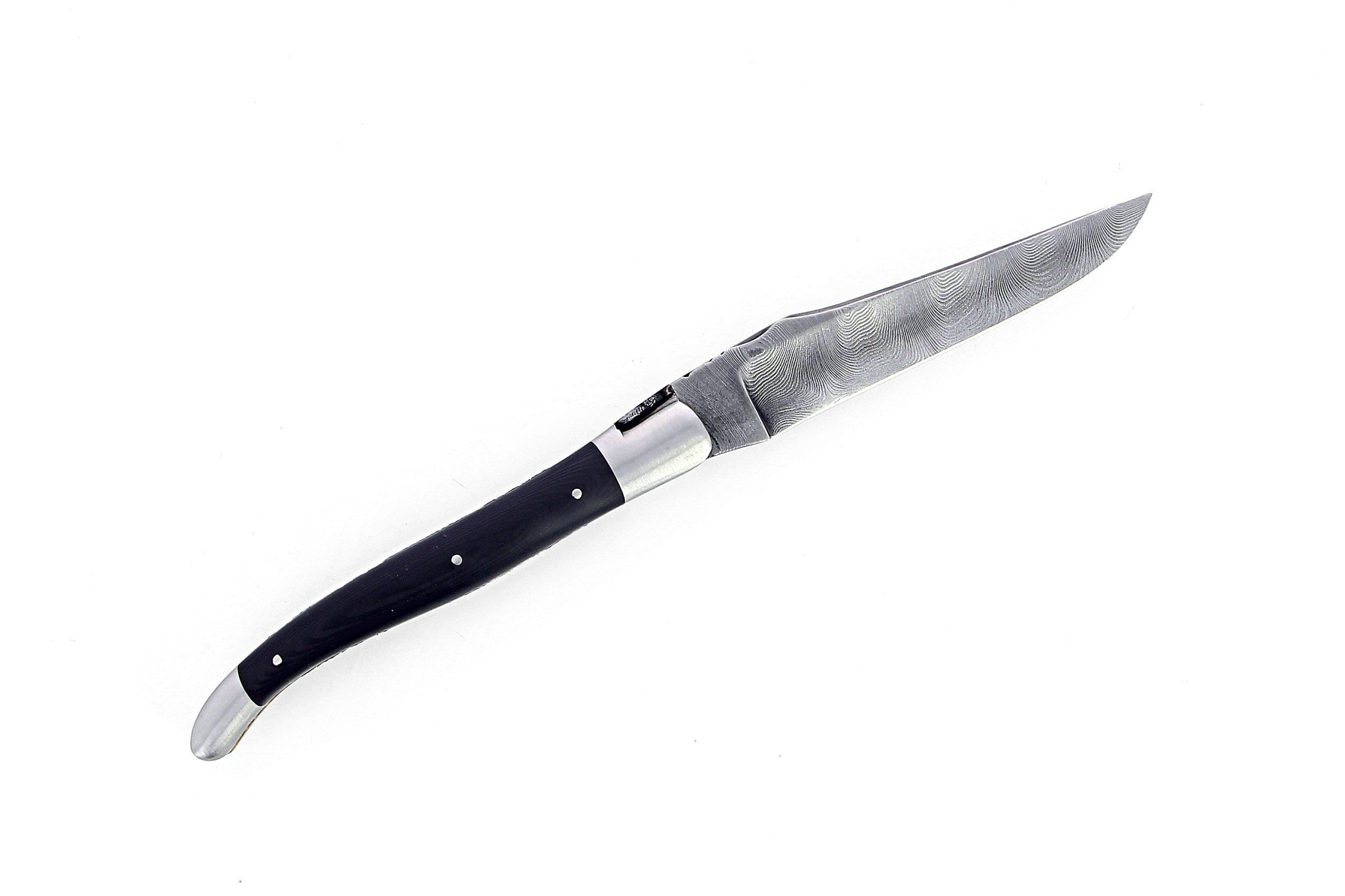 Couteau de Laguiole pliant doubles platines inox et laiton, 12 cm, manche en fibres de carbone, mitres inox brossées lame Damas inoxydable