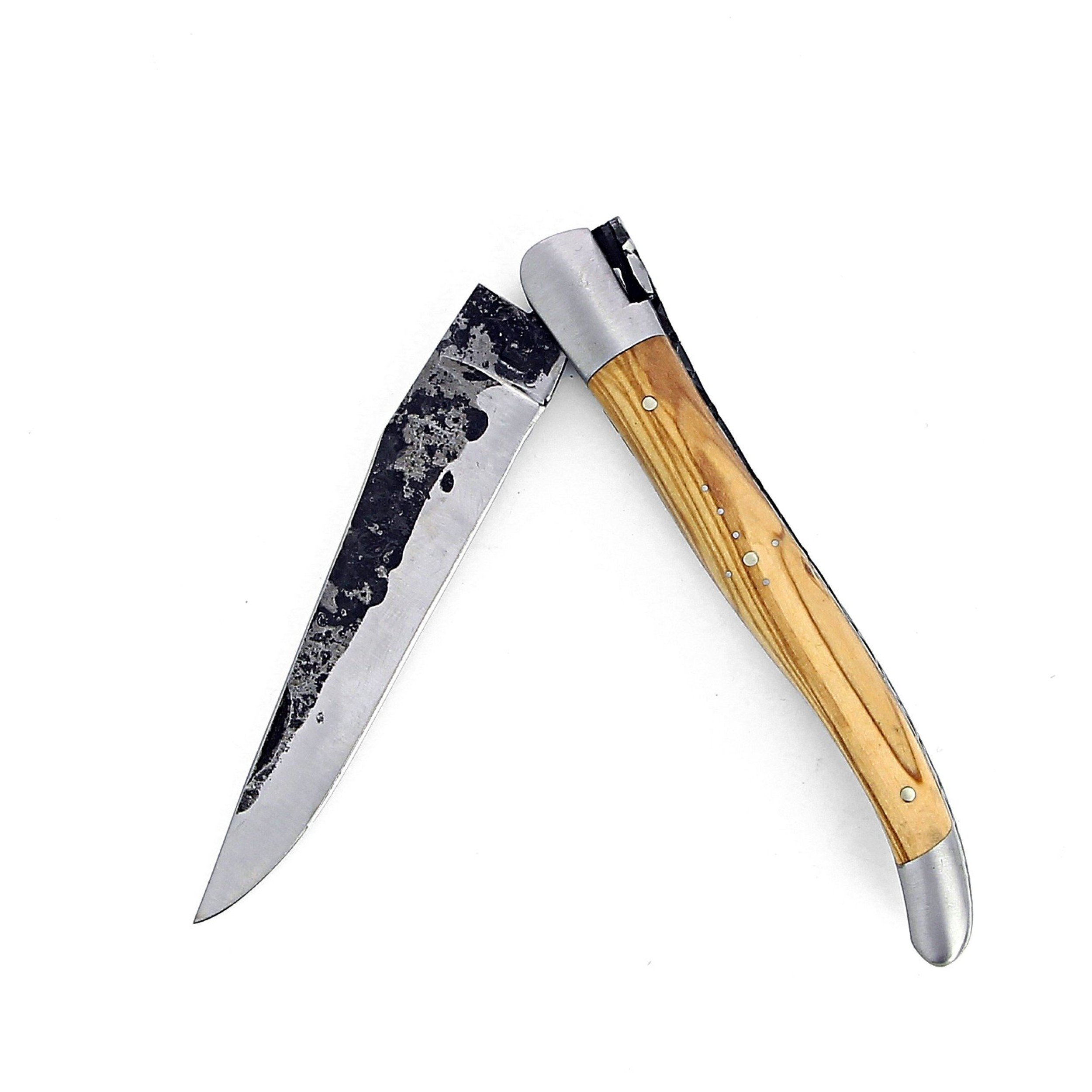 Couteau de Laguiole pliant doubles platines, 12 cm, manche en olivier, mitres inox brossées, lame brute de forge