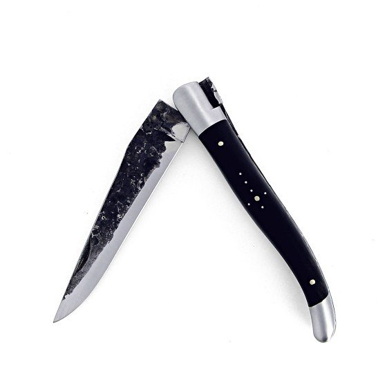 Couteau de Laguiole pliant doubles platines, 12 cm, manche en ébène, mitres inox brossées, lame brute de forge