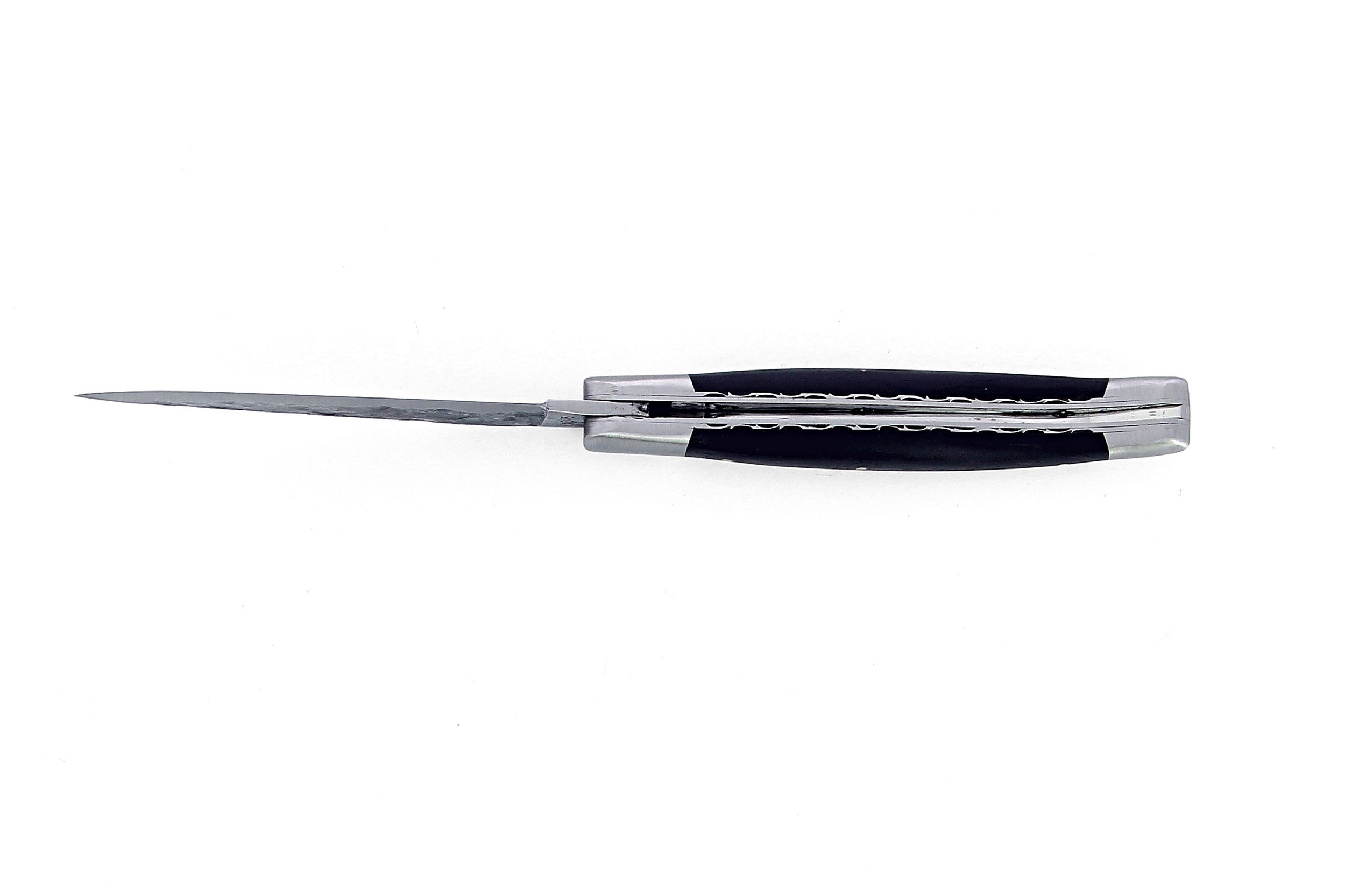 Couteau de Laguiole pliant doubles platines, 12 cm, manche en ébène, mitres inox brossées, lame brute de forge