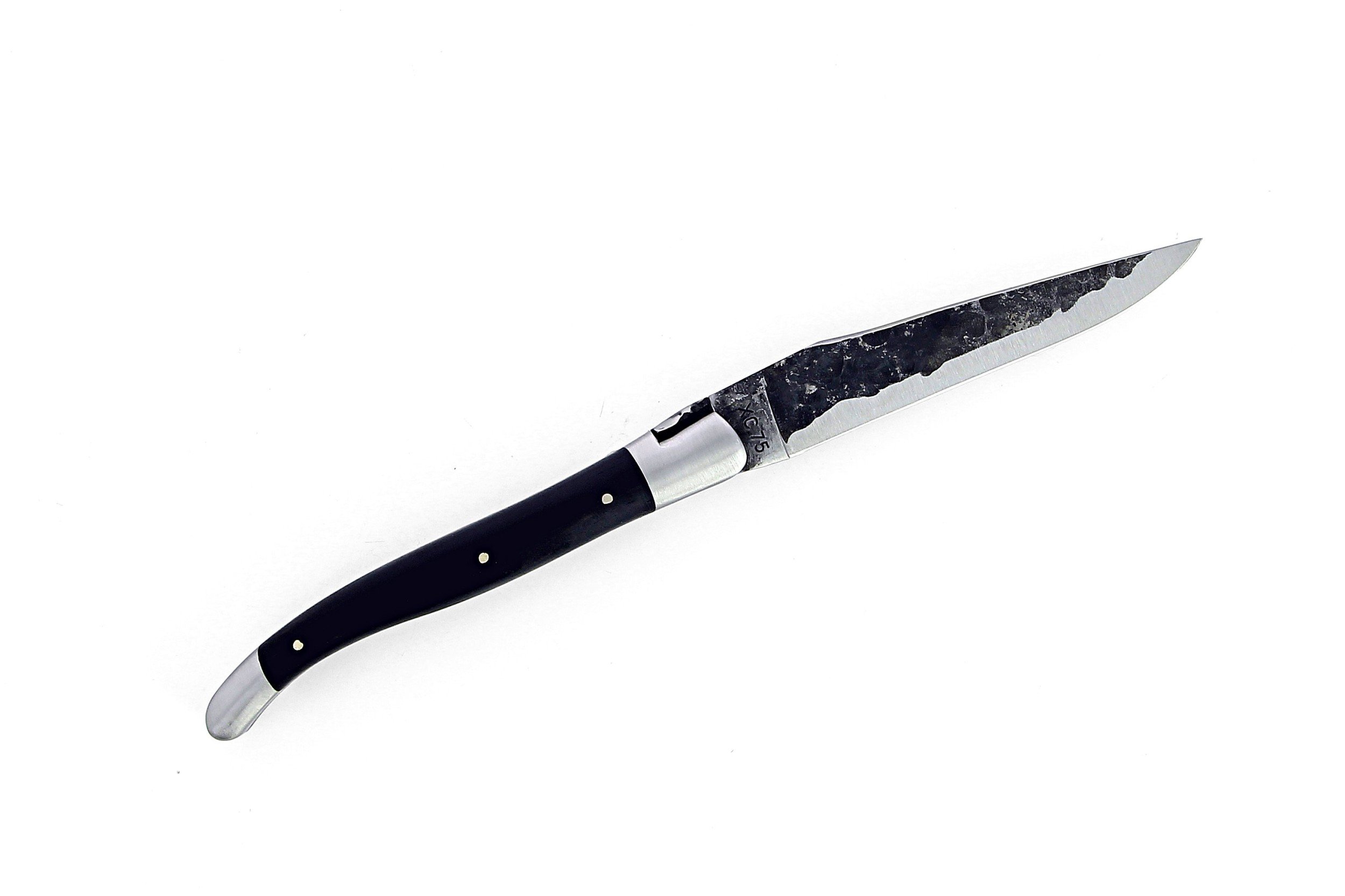 Couteau de Laguiole pliant doubles platines, 12 cm, manche en ébène, mitres inox brossées, lame brute de forge