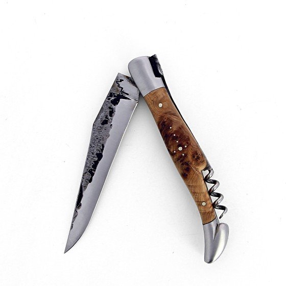 Couteau de Laguiole pliant avec tire-bouchon, 12 cm, manche en genévrier, mitres inox brossées, lame brute de forge