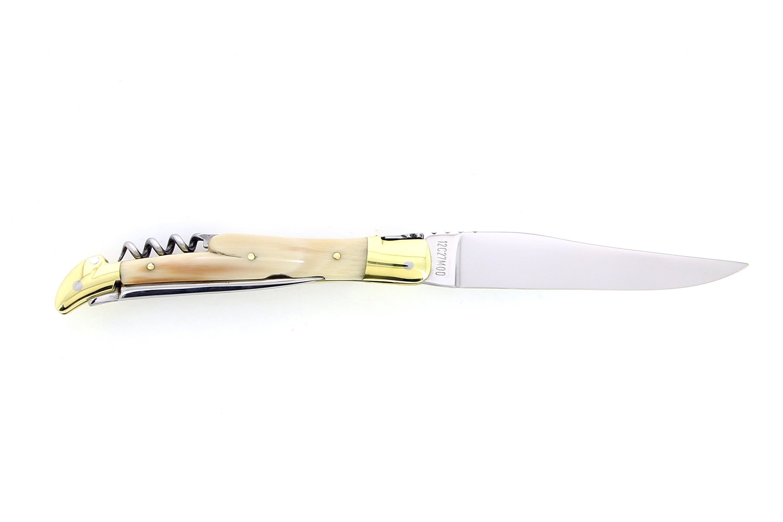 Laguiole pliant avec tire-bouchon et poinçon, 12 cm, manche en corne massive blonde, mitres laiton