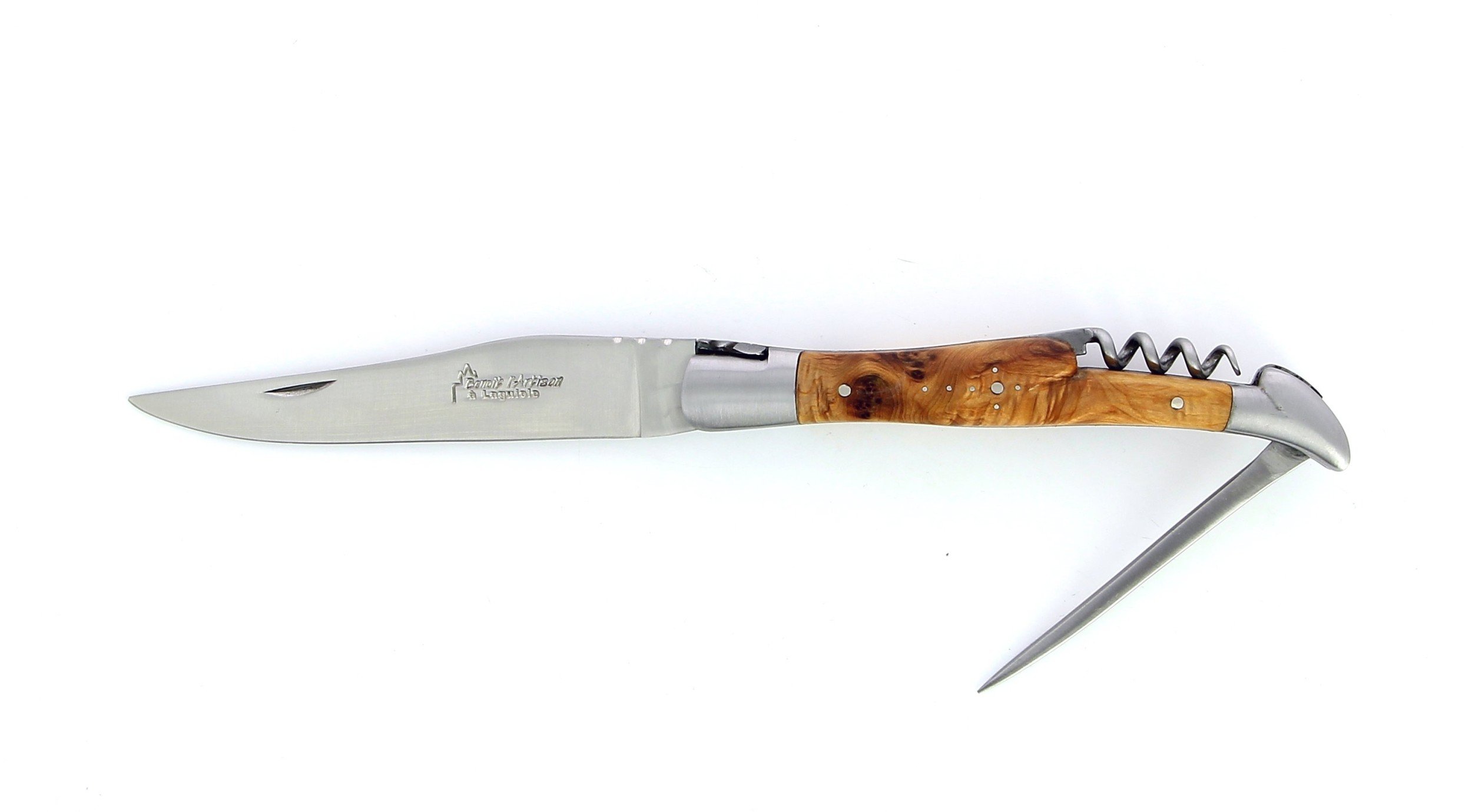 Laguiole pliant avec tire-bouchon et poinçon, 12 cm, manche en genévrier, mitres inox brossées