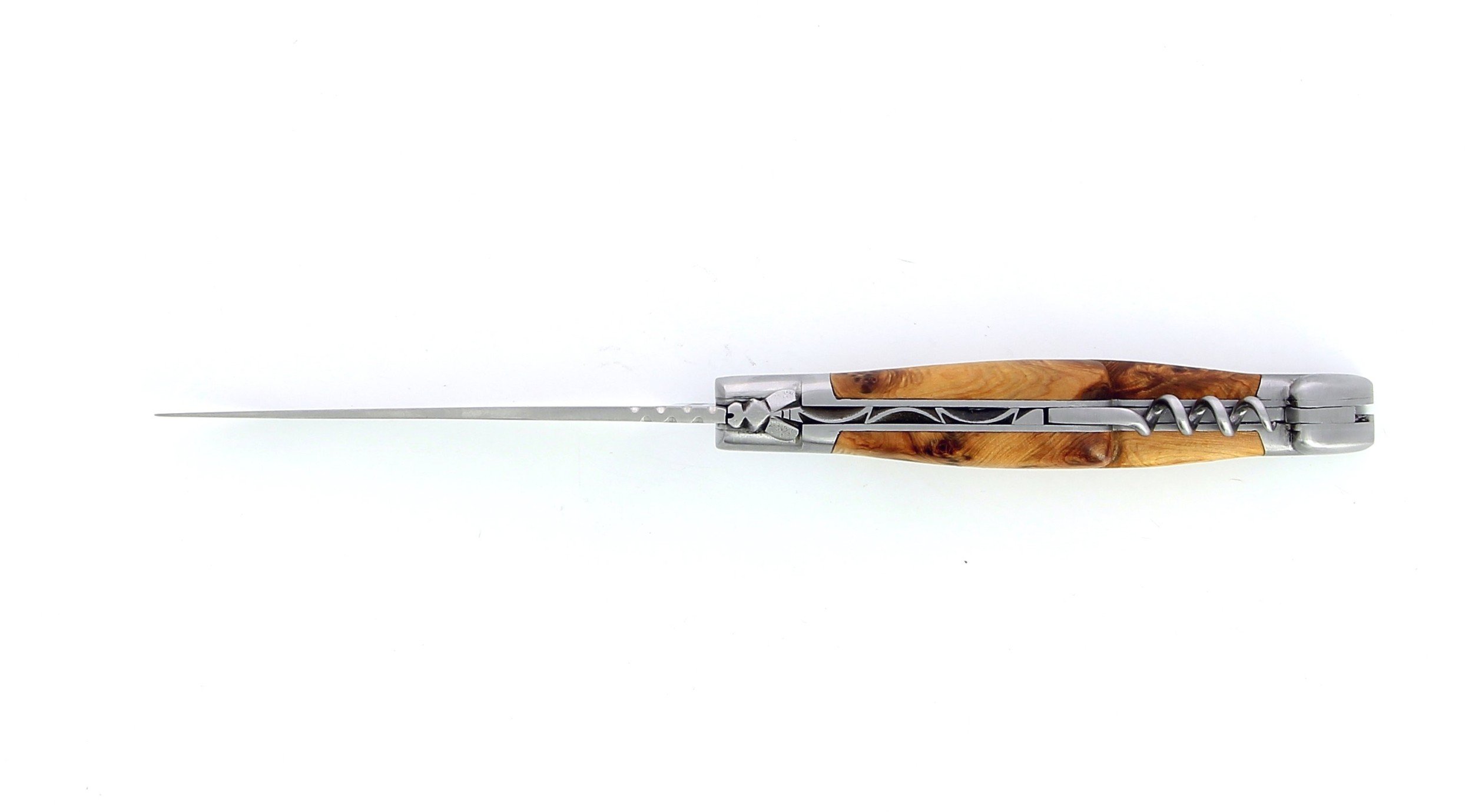 Laguiole pliant avec tire-bouchon et poinçon, 12 cm, manche en genévrier, mitres inox brossées