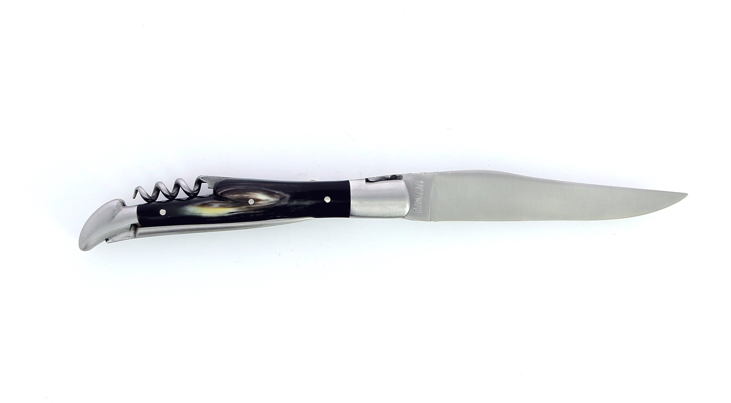 Benoit l'Artisan  Couteau de Laguiole pliant avec tire-bouchon et poinçon, 12  cm, manche en corne de vache Aubrac, mitres inox brossées