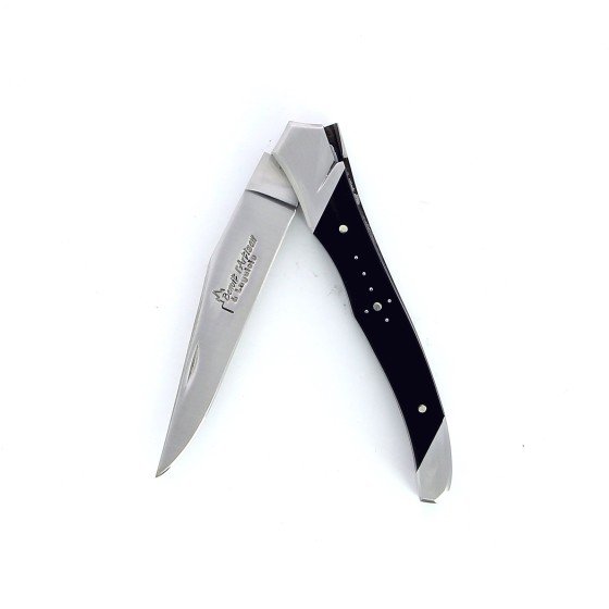 Laguiole Tribal pliant 10 cm, platines lisses, manche en corne massive noire, mitres inox brossées