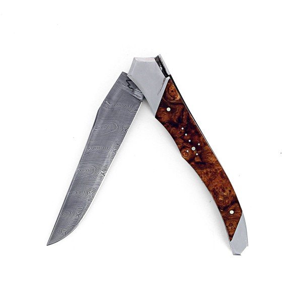 aguiole Tribal pliant 12 cm, platines guillochées, manche en loupe de palissandre du Honduras, mitres inox brossées, lame Damas inoxydable