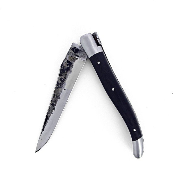 Laguiole pliant doubles platines inox et laiton, 12 cm, manche en fibre de carbone, mitres inox brossées lame Brute de Forge