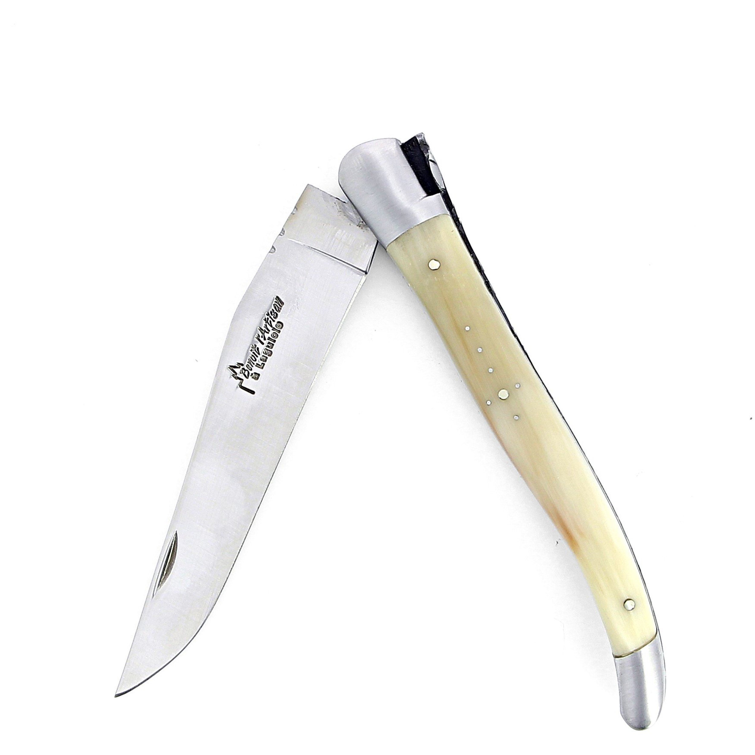 Laguiole pliant 13cm, manche en corne massive blonde, mitres inox