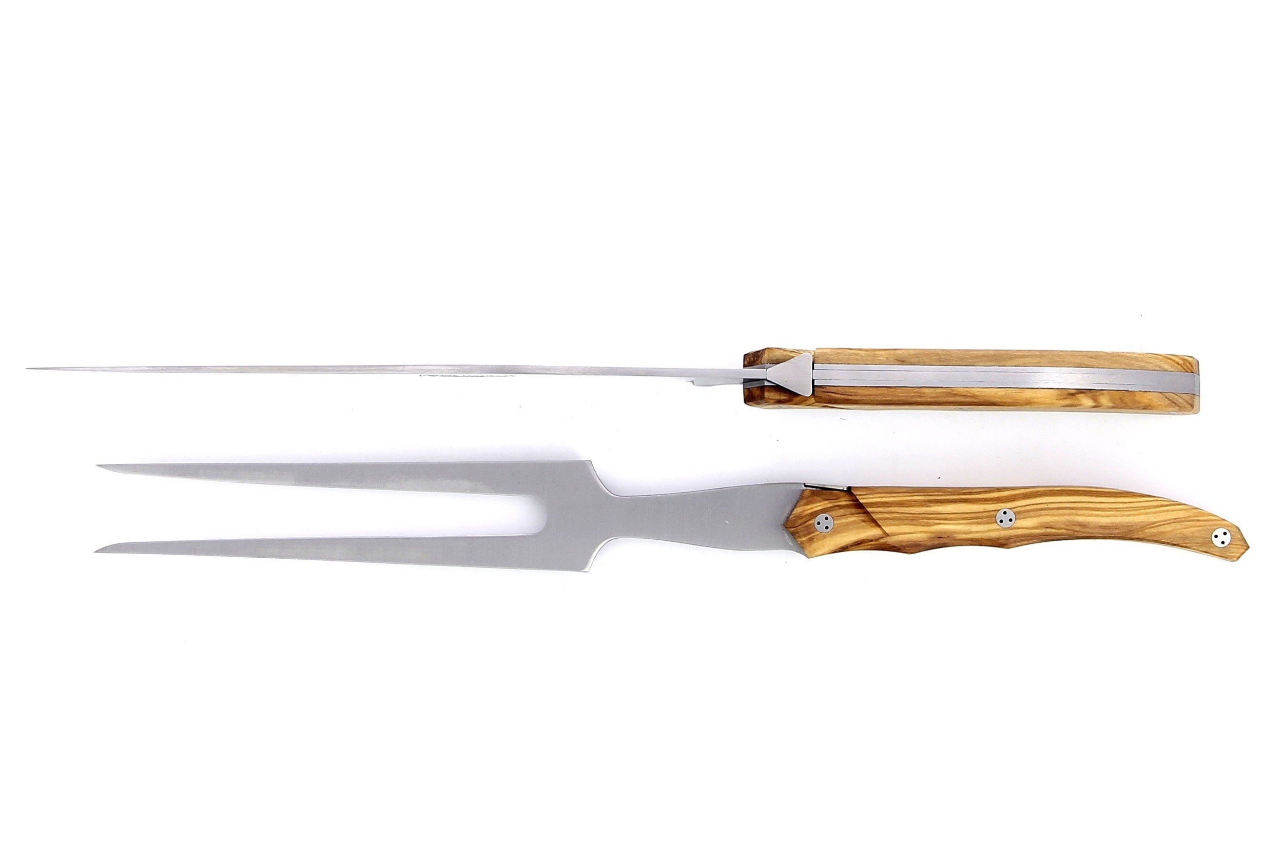 Service à découper de Laguiole Tribal, plein manche en olivier, platines inox