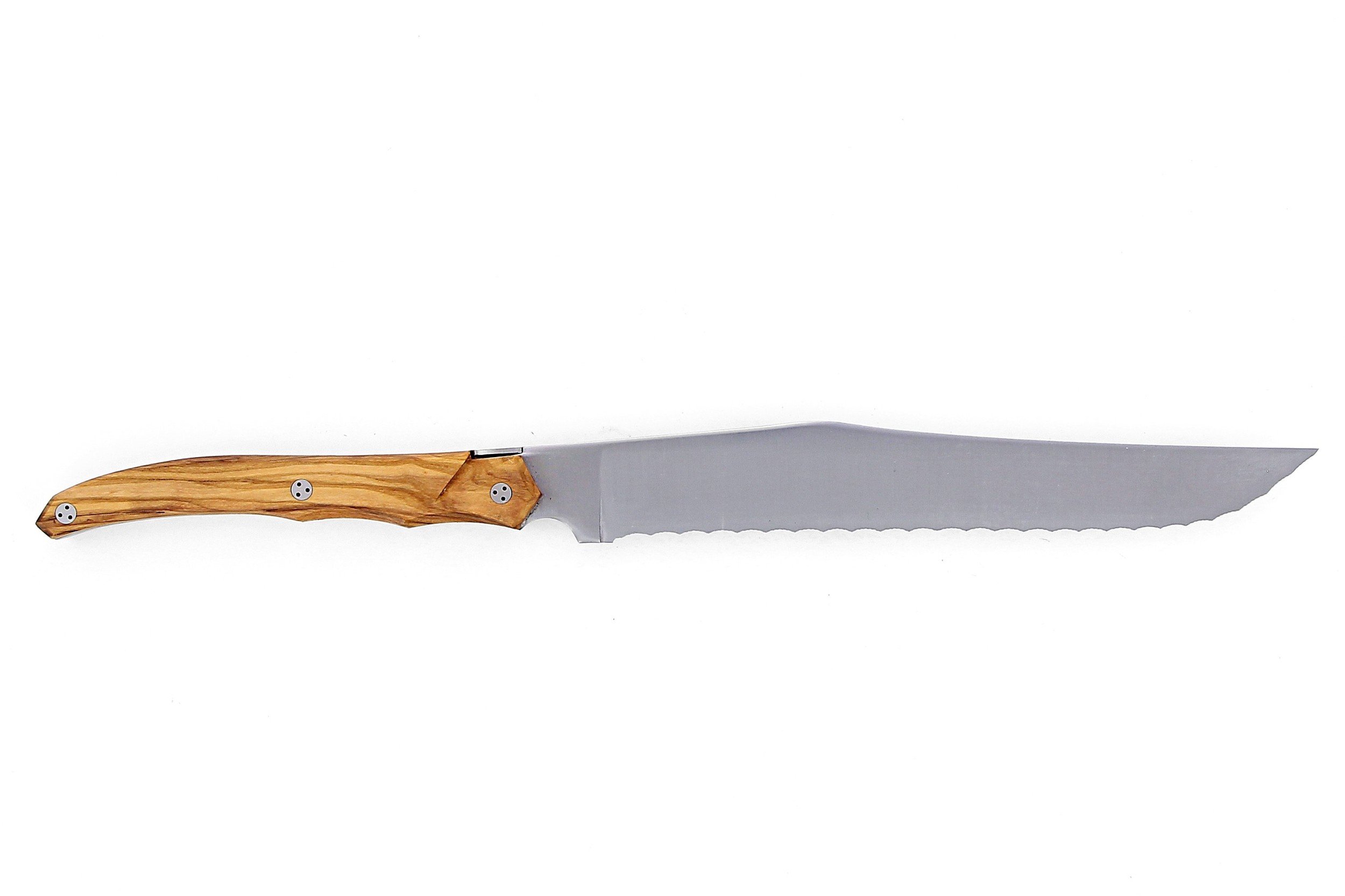 Couteau à pain de Laguiole Tribal, plein manche en olivier, platines inox