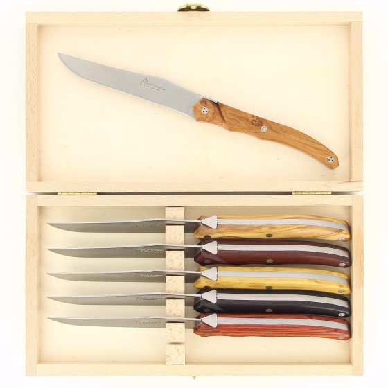 Coffret de 6 couteaux de table de Laguiole Tribal, plein manche en bois du monde, platines inox