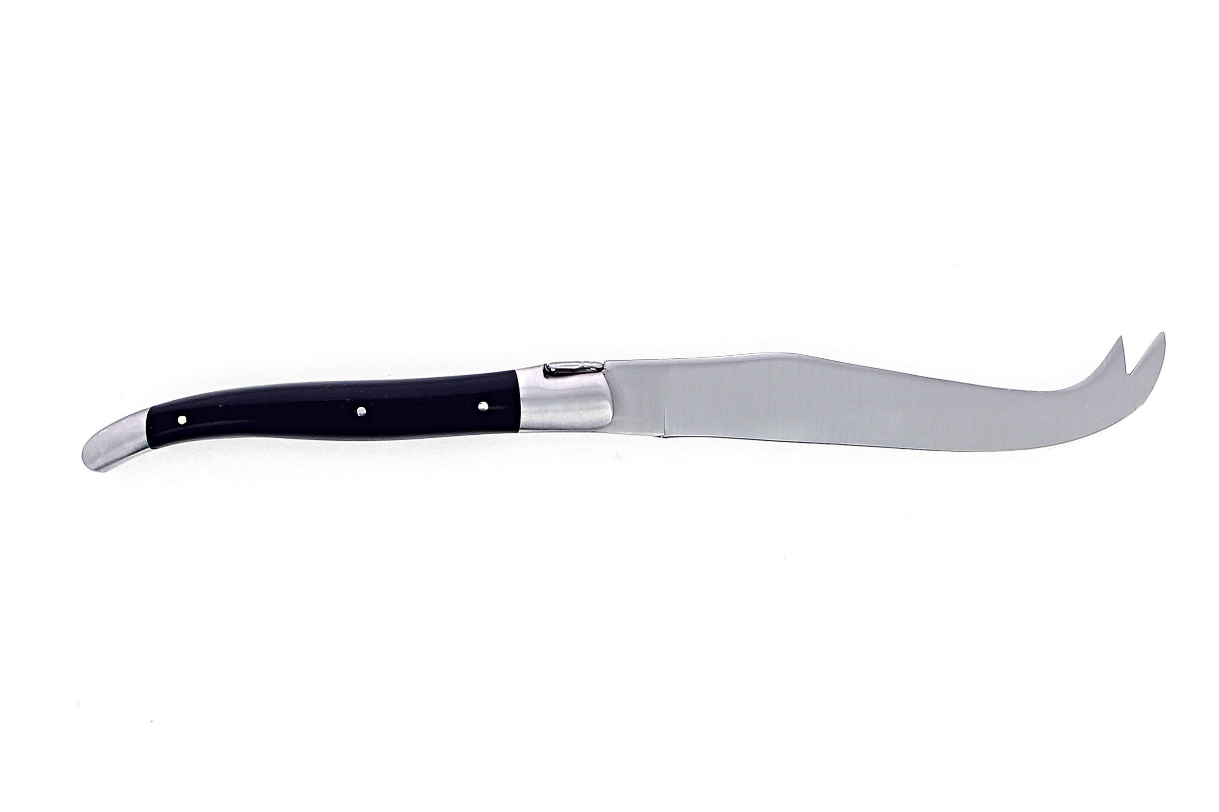 Couteau à fromage de Laguiole, manche en corne massive noire, mitres inox brossées