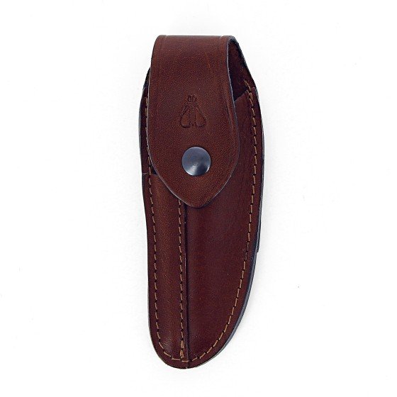 Etui en cuir marron foncé avec fusil tête inox, pour couteau Laguiole avec manche de 13 cm