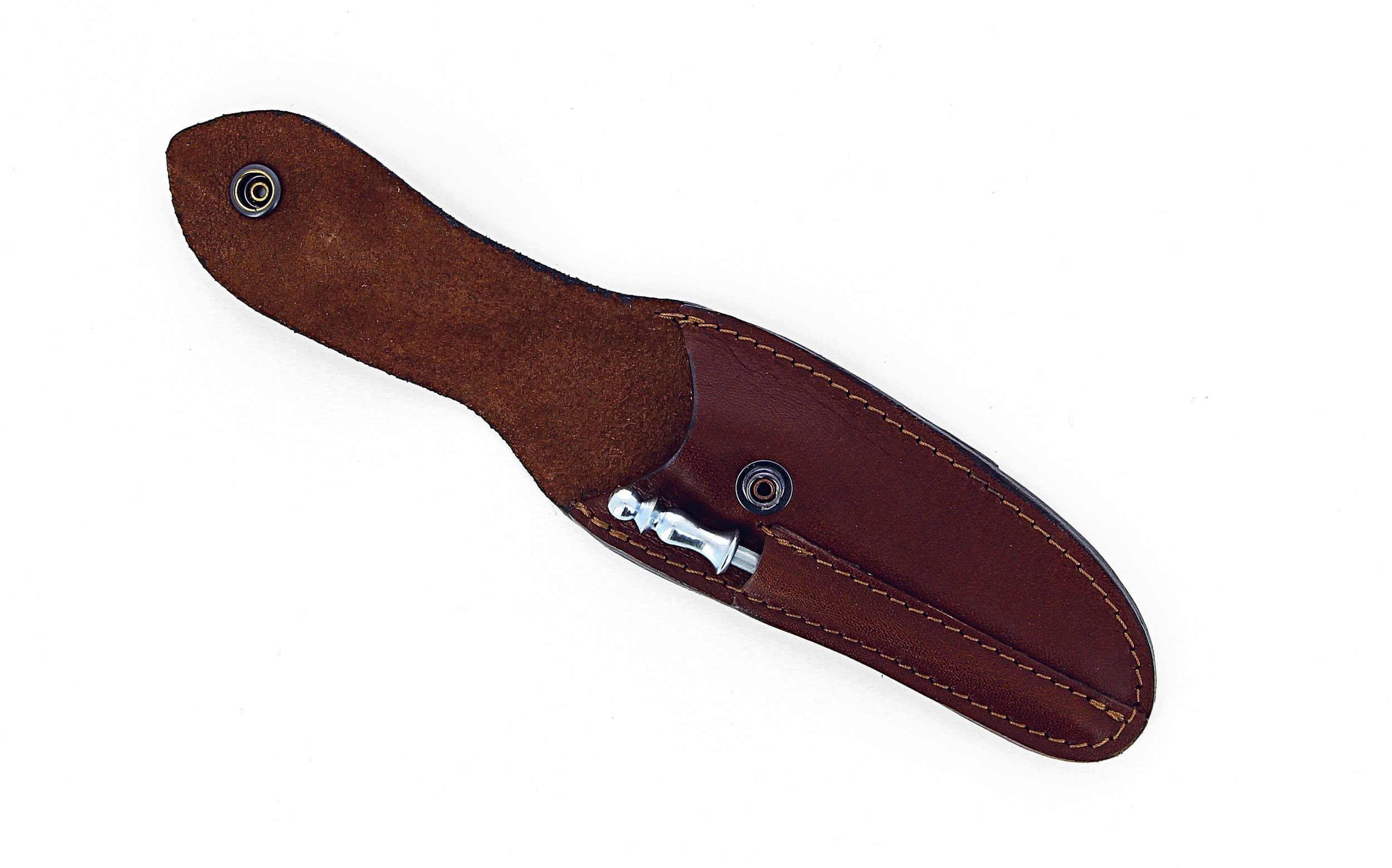 Etui en cuir marron foncé avec fusil tête inox, pour couteau Laguiole avec manche de 13 cm