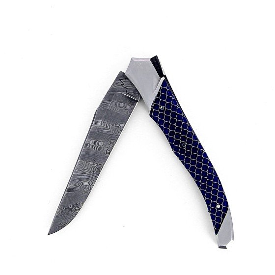 Laguiole Tribal pliant 12 cm, platines guillochées, manche en nid d'abeille, mitres inox brossées, lame Damas inoxydable