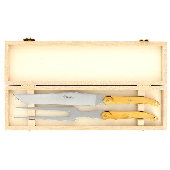 Service à découper de Laguiole Tribal, plein manche en buis, platines inox
