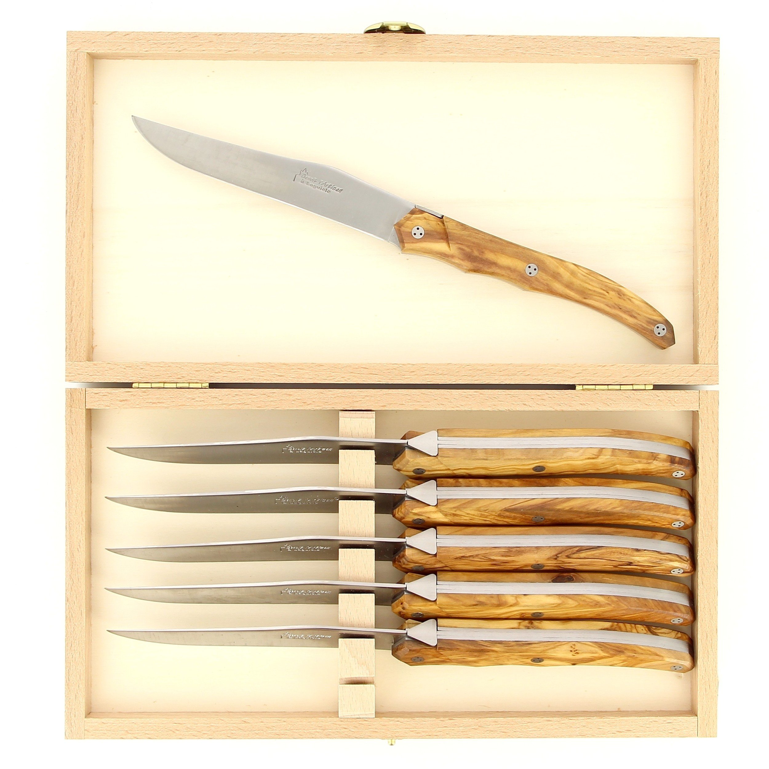 Coffret de 6 couteaux de table de Laguiole Tribal, plein manche en olivier, platines inox