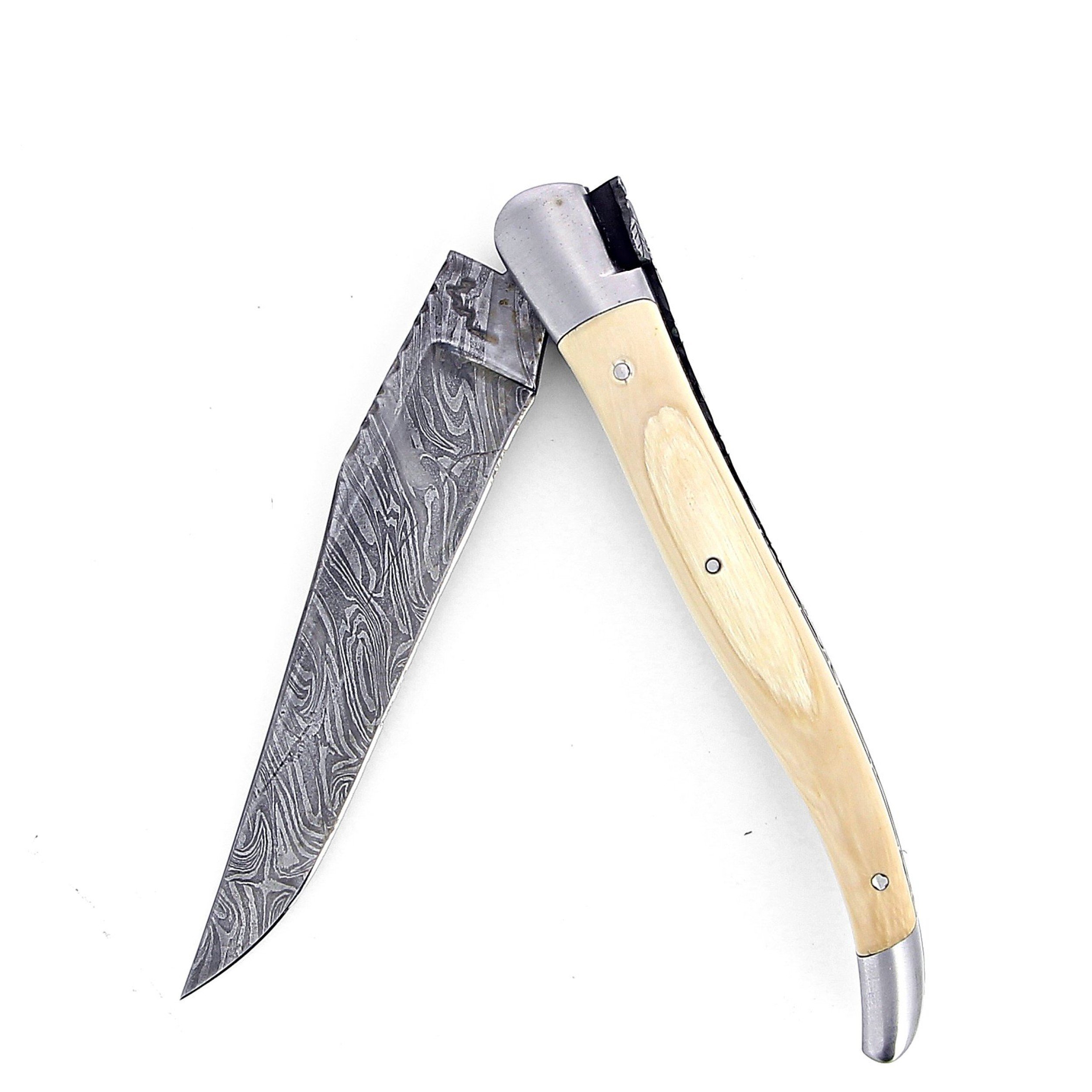 Couteau de Laguiole pliant doubles platines, 13 cm, manche en ivoire de mammouth, mitres inox brossées, lame Damas carbone explosion