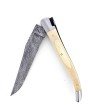 Couteau de Laguiole pliant doubles platines, 13 cm, manche en ivoire de mammouth, mitres inox brossées, lame Damas carbone explosion