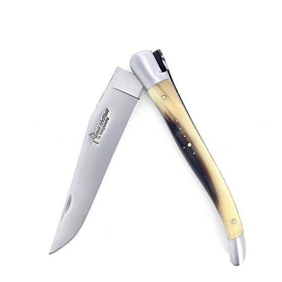 Laguiole pliant doubles platines, 13 cm, manche en corne massive blonde, mitres inox brossé