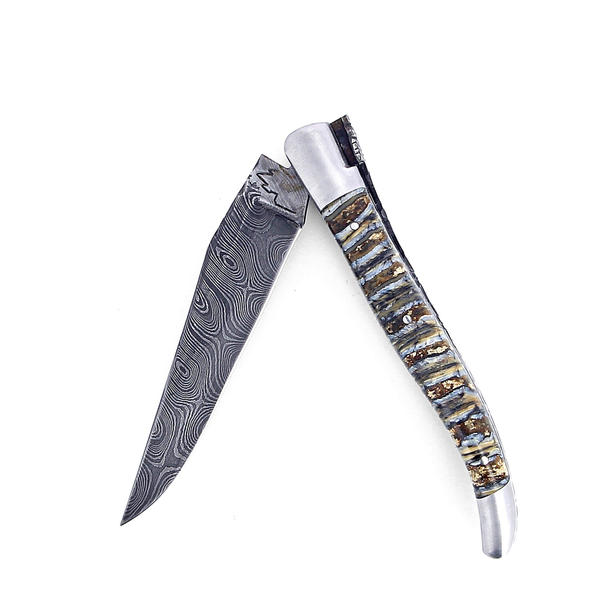Laguiole 12 cm Abeille Forgée Double Platine manche en molaire de mammouth  et deux mitres inox lame damas carbone torsadée