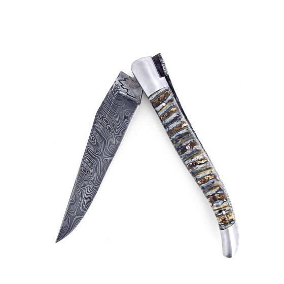 Laguiole 12 cm Abeille Forgée Double Platine manche en molaire de mammouth  et deux mitres inox lame damas carbone torsadée