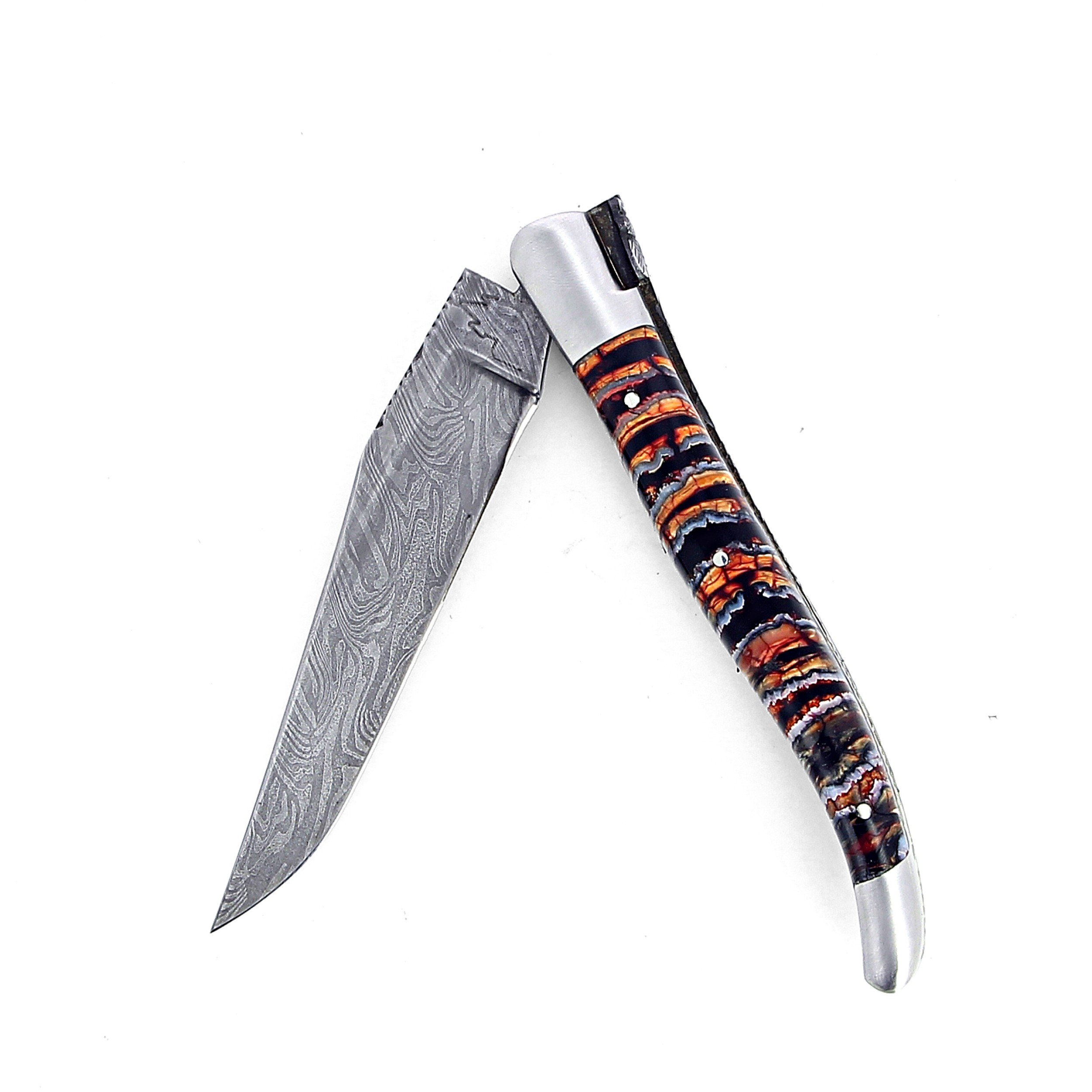 Laguiole 12 cm Abeille Forgée Double Platine manche en molaire de mammouth deux mitres inox et platines laiton lame damas carbone explosion