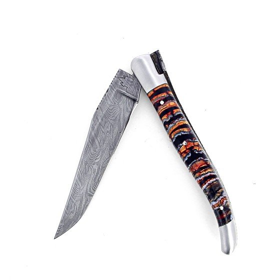 Laguiole 12 cm Abeille Forgée Double Platine manche en molaire de mammouth deux mitres inox et platines laiton lame damas carbone explosion