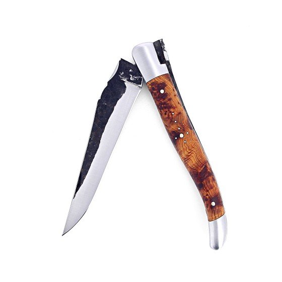 Laguiole pliant doubles platines, 12 cm, manche en genévrier, mitres inox brossées, lame brute de forge