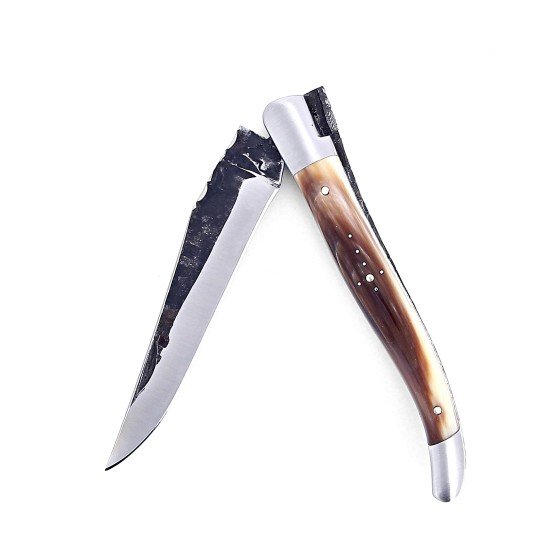 laguiole-pliant-avec-tire-bouchon-doubles-platines-12-cm-manche-en-corne-massive-blonde-mitres-inox-brossees-lame-brute-de-forge