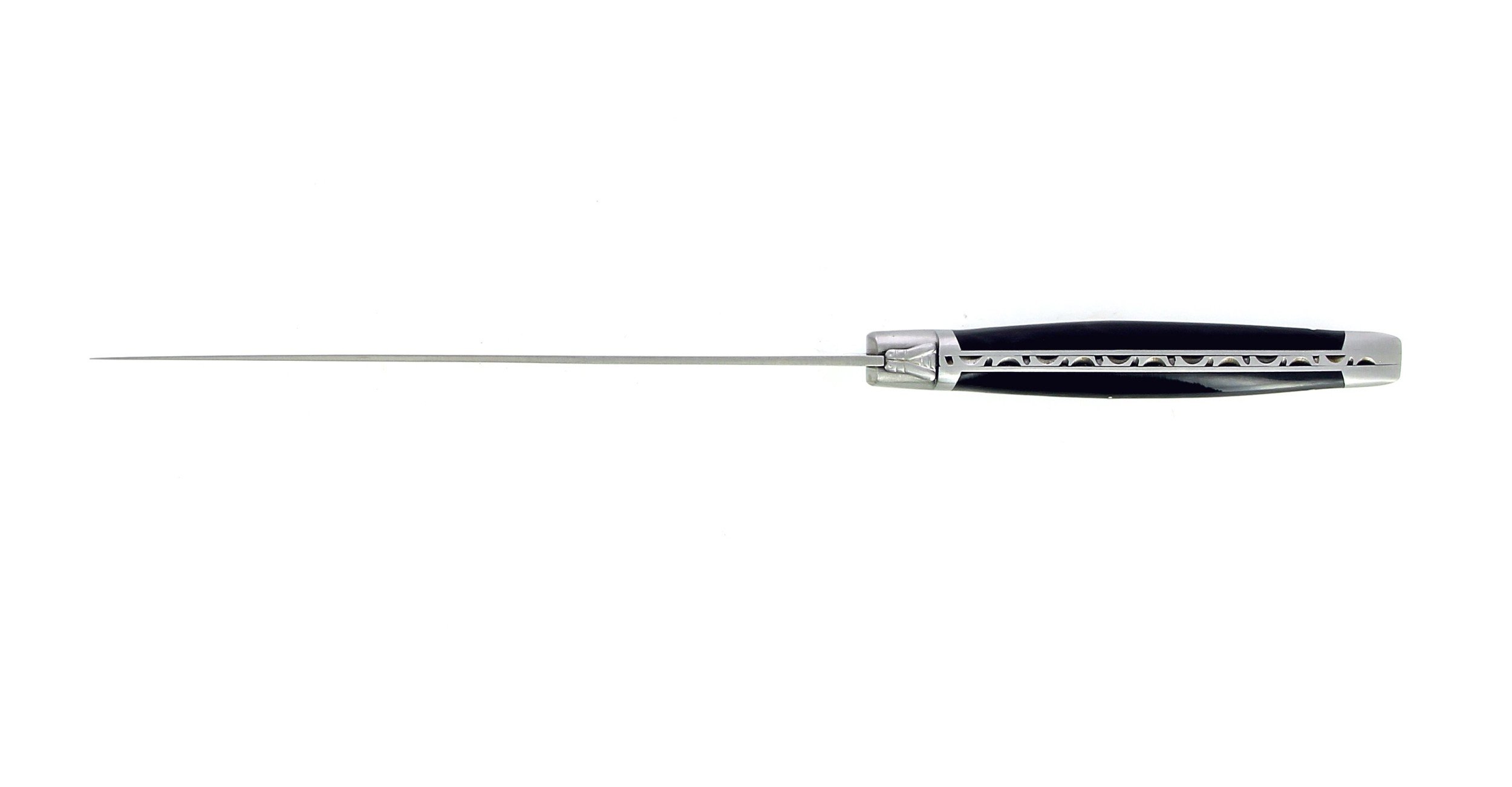 Couteau à pain de Laguiole, manche en corne massive noire, mitres inox brossé