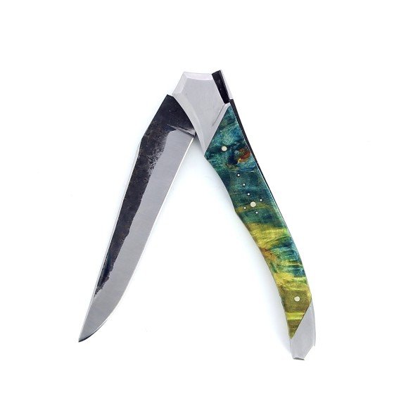 Laguiole Tribal 12 cm Abeille Forgée manche en loupe de peuplier et deux mitres inox platines guillochées lame brut de forge