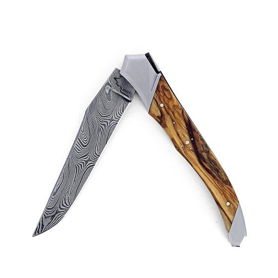 Laguiole Tribal 12 cm Abeille Forgée manche en bois olivier et deux mitres inox platines guillochées lame damas carbone torsadée