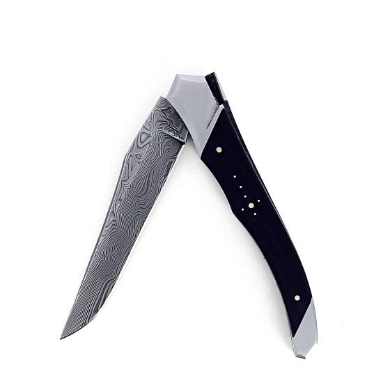 Laguiole Tribal 12 cm Abeille Forgée manche en bois d'ébène et deux mitres inox platines guillochées lame damas inox