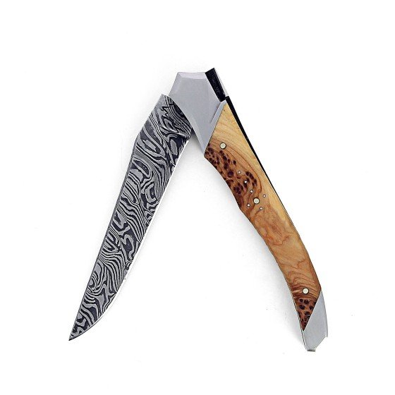 Laguiole Tribal 12 cm Abeille Forgée manche en bois de cade et deux mitres inox platines guillochées lame damas carbone explosion