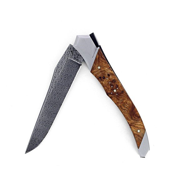 Laguiole Tribal 12 cm Abeille Forgée manche en loupe de frene et deux mitres inox platines guillochées lame damas inox