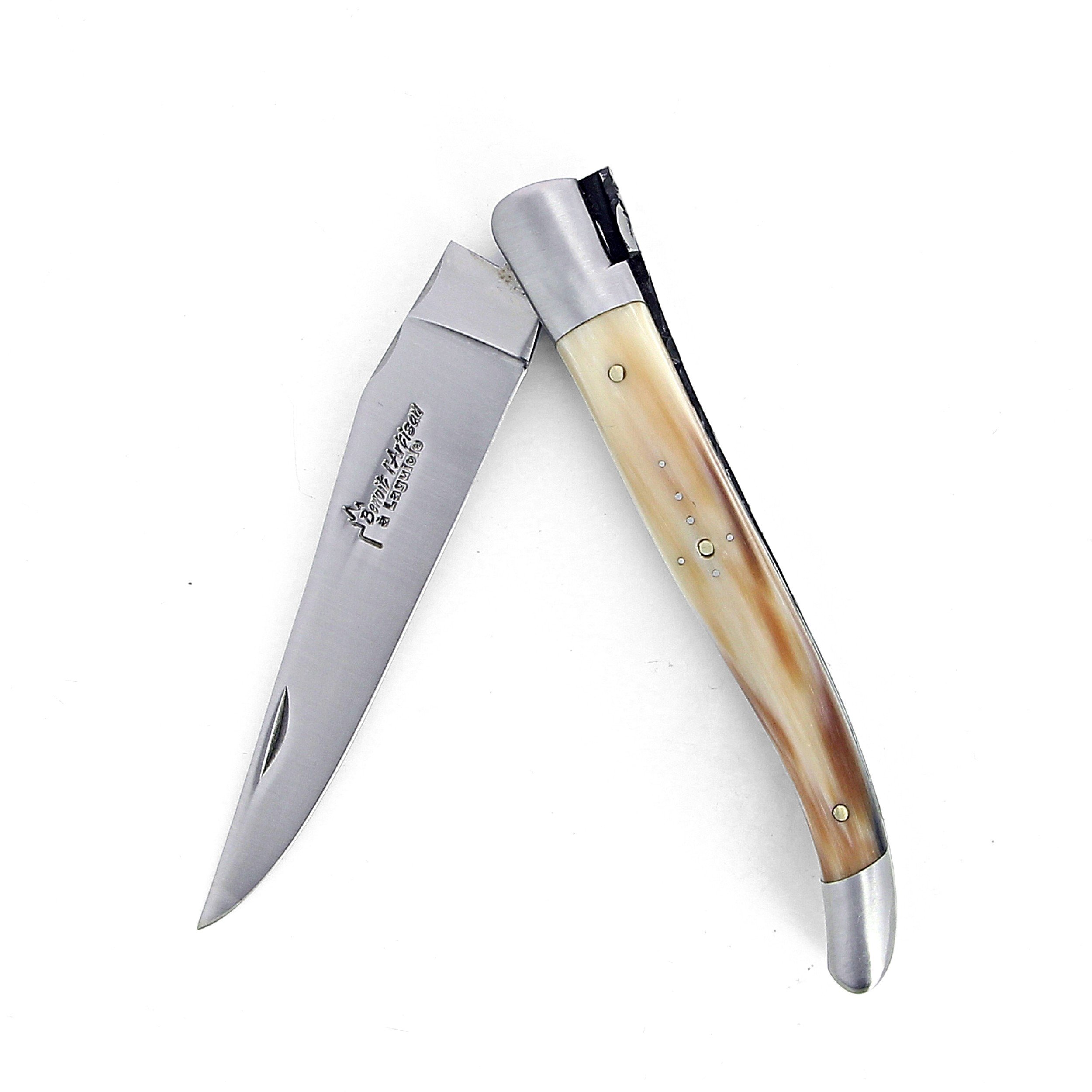 Laguiole pliant doubles platines, 12 cm, manche en corne massive blonde, mitres inox brossé