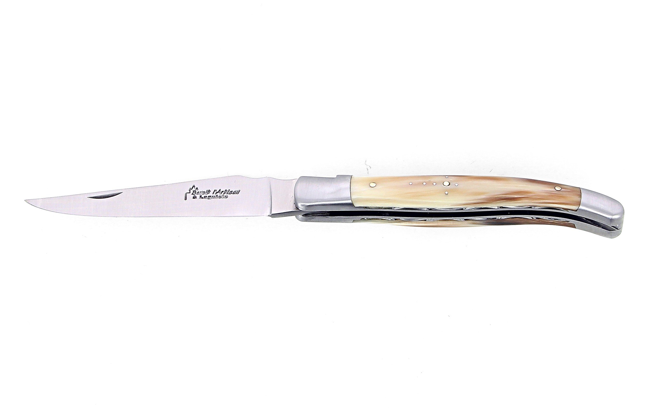 Laguiole pliant doubles platines, 12 cm, manche en corne massive blonde, mitres inox brossé