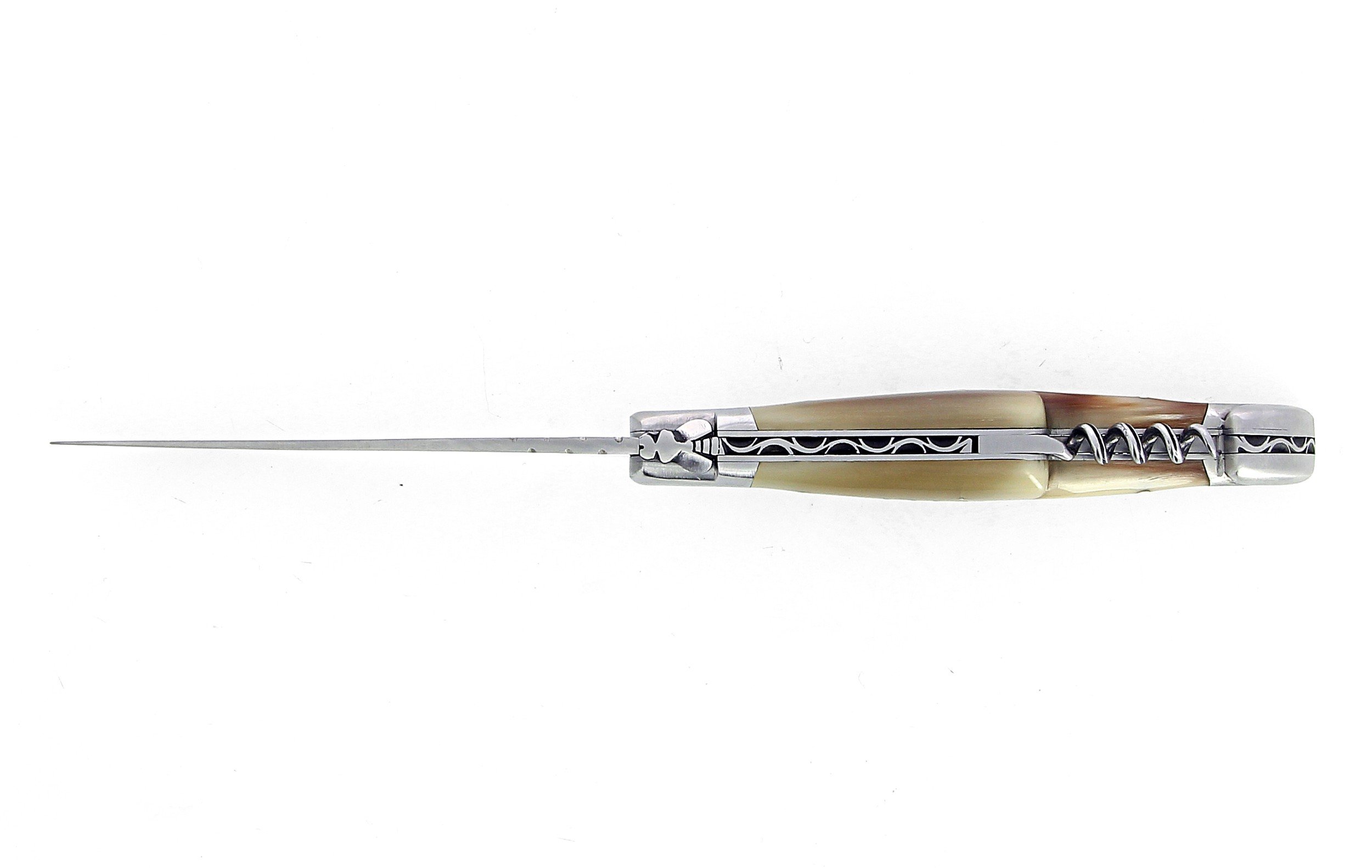 Laguiole pliant avec tire-bouchon, 12 cm, manche en corne massive blonde, mitres inox brossé